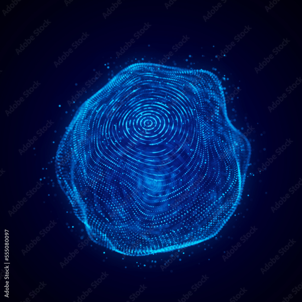 Poster futuristic sphere made of particles. flow of atoms in cyberspace. space energy spread concept. 3d re