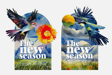 Bird flying over blue sky and green grass. The new season. Wine label packaging design.