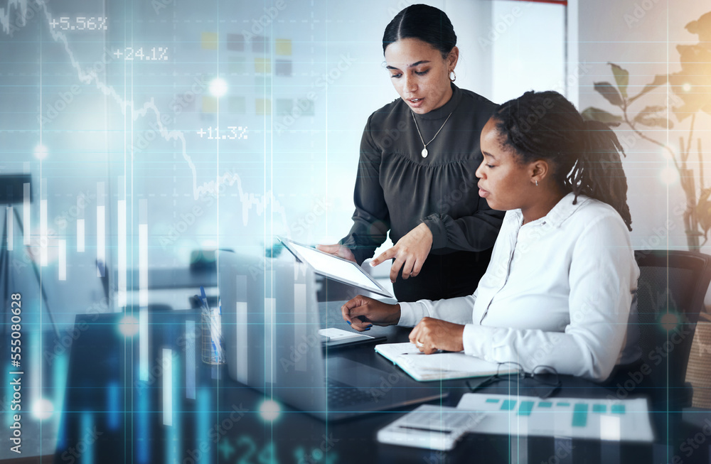 Poster teamwork, data and women in office with overlay for online financial growth report for business part