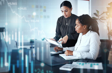 Teamwork, data and women in office with overlay for online financial growth report for business partnership. Support, trust and collaboration at digital marketing startup company with chart and graph