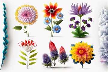 Set of different color flowers on a pure white color background. Colorful flowers set for design.