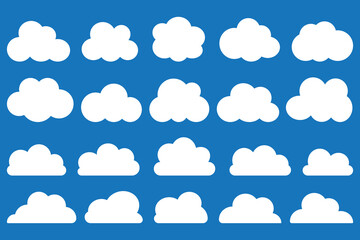 Flat cloud shape vector icon set on blue background.