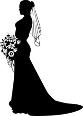 A woman bride in a bridal wedding dress in a silhouette