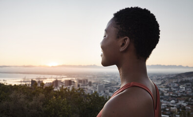 Face profile, meditation and black woman outdoor for peace and freedom. Sunset, zen chakra and...