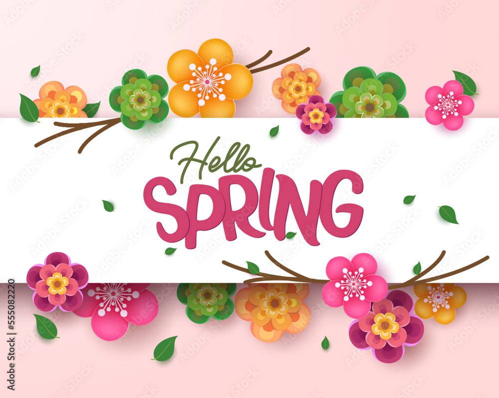 Aufkleber hello spring text vector template design. spring hello greeting typography in frame white space with