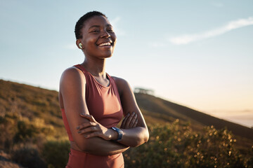 Portrait, black woman and arms crossed outdoor, exercise or fitness for wellness, health or smile. Nigerian female, girl and athlete rest, nature and workout for training, sports or practice to relax