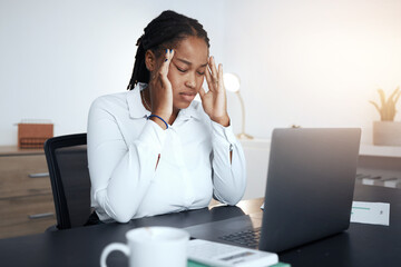 Headache, stress and burnout of black woman with anxiety, pain and doubt while working on laptop audit. Tired, sick and confused business worker, poor mental health and computer glitch at office desk