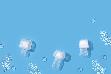 Sea animals jellyfish and corals from plastic underwater, creative flat lay pollution ocean, microplastics pollution ecology problem. Environmental issue, plastic pollution concept.