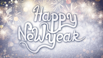 Fototapeta na wymiar Text Happy New Year on festive background with fireworks, bokeh effect
