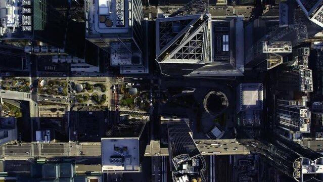 Aerial overview of towers in Hudson Yards, sunrise in NY, USA - birds eye, drone shot