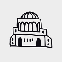 Black and white hand-drawn drawing. The facade of the building on a light background. Linear illustration of architecture.