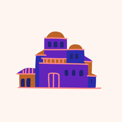 A flat drawing drawn by hand. Illustration of the building. The facade of the building on a light background.