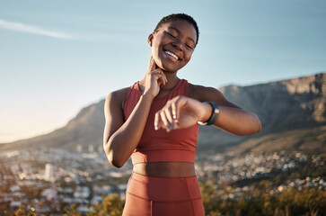 Black woman, fitness or smart watch for pulse check in nature workout, training or sunset exercise...