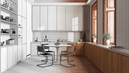 Architect interior designer concept: hand-drawn draft unfinished project that becomes real, modern trendy kitchen and dining room. Minimalist farmhouse style