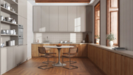 Fototapeta na wymiar Blurred background, modern trendy kitchen and dining room. Wooden cabinets and big window. Minimalist farmhouse interior design