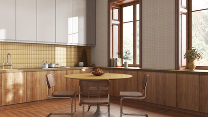 Japandi trendy kitchen and dining room in white and yellow tones. Wooden cabinets, contemporary wallpaper and window. Minimalist interior design