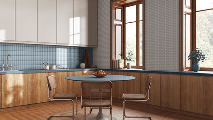 Japandi trendy kitchen and dining room in white and blue tones. Wooden cabinets, contemporary wallpaper and window. Minimalist interior design © ArchiVIZ