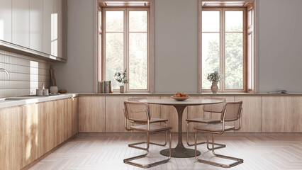 Modern japandi kitchen and dining room in white and bleached tones. Cabinets and dining table with chairs, parquet floor. Farmhouse interior design