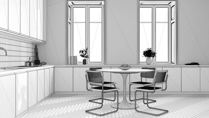 Blueprint unfinished project draft, modern japandi kitchen and dining room. Cabinets and dining table with chairs, parquet floor. Farmhouse interior design