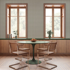 Farmhouse wooden kitchen with dining room in white and green tones. Cabinets and table with chair. Wallpaper and parquet floor. Suburban interior design