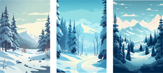 Zelfklevend Fotobehang Vector illustratie. Platte winterlandschap Besneeuwde achtergrond. Sneeuw Lichtblauwe lucht. Sneeuwstorm. Sneeuwachtig weer. Bosbomen en bergen. © ikuday