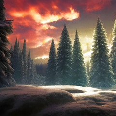 Painting of a winter landscape, christmas background illustration