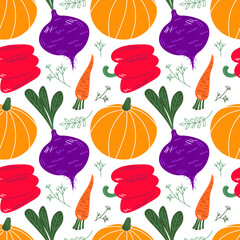 Seamless pattern with hand drawn red and green vegetables. Vegetarian healthy food vector texture. Vegan, farm, organic, detox EPS