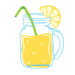 Glass jar with lemonade and lemon slice. Summer drink. Vector illustration