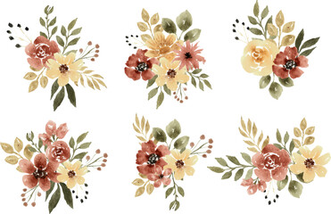 set of watercolor flowers brown and yellow, watercolor flower arrangement