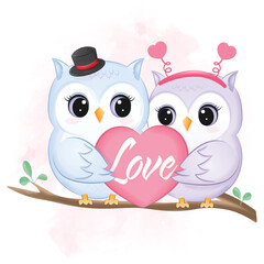 Cute Couple Owl and heart valentine's day concept