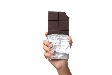 Close-up hand holding Chocolate isolated on a White Background