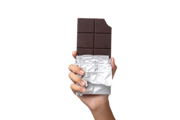 Close-up hand holding Chocolate isolated on a White Background