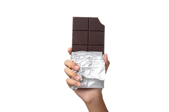 Close-up hand holding Chocolate isolated on a White Background - Powered by Adobe