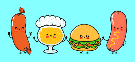 Cute, funny happy glass of beer, sausage with mustard and hamburger. Vector hand drawn cartoon kawaii characters, illustration icon. Funny cartoon glass of beer, sausage mustard and hamburger mascot
