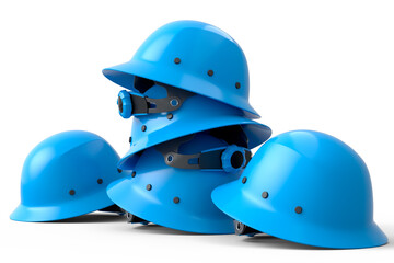Stack of safety helmets or hard caps for carpentry work on white background