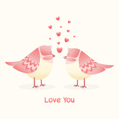 Card for Valentine's Day. Cartoon birds with hearts. Love you. Vector illustration