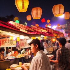 night market food vendors, illuminated by paper lanterns, ultra detailed created with AI