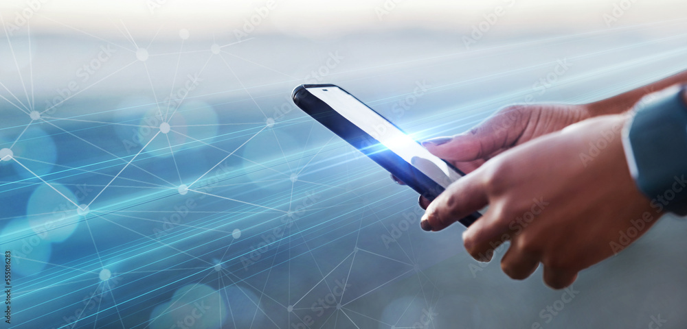 Leinwandbilder Phone, future and ai communication hands of woman with double exposure and overlay of bokeh light with technology connection png pattern. Smartphone in hand for cloud internet innovation hologram
