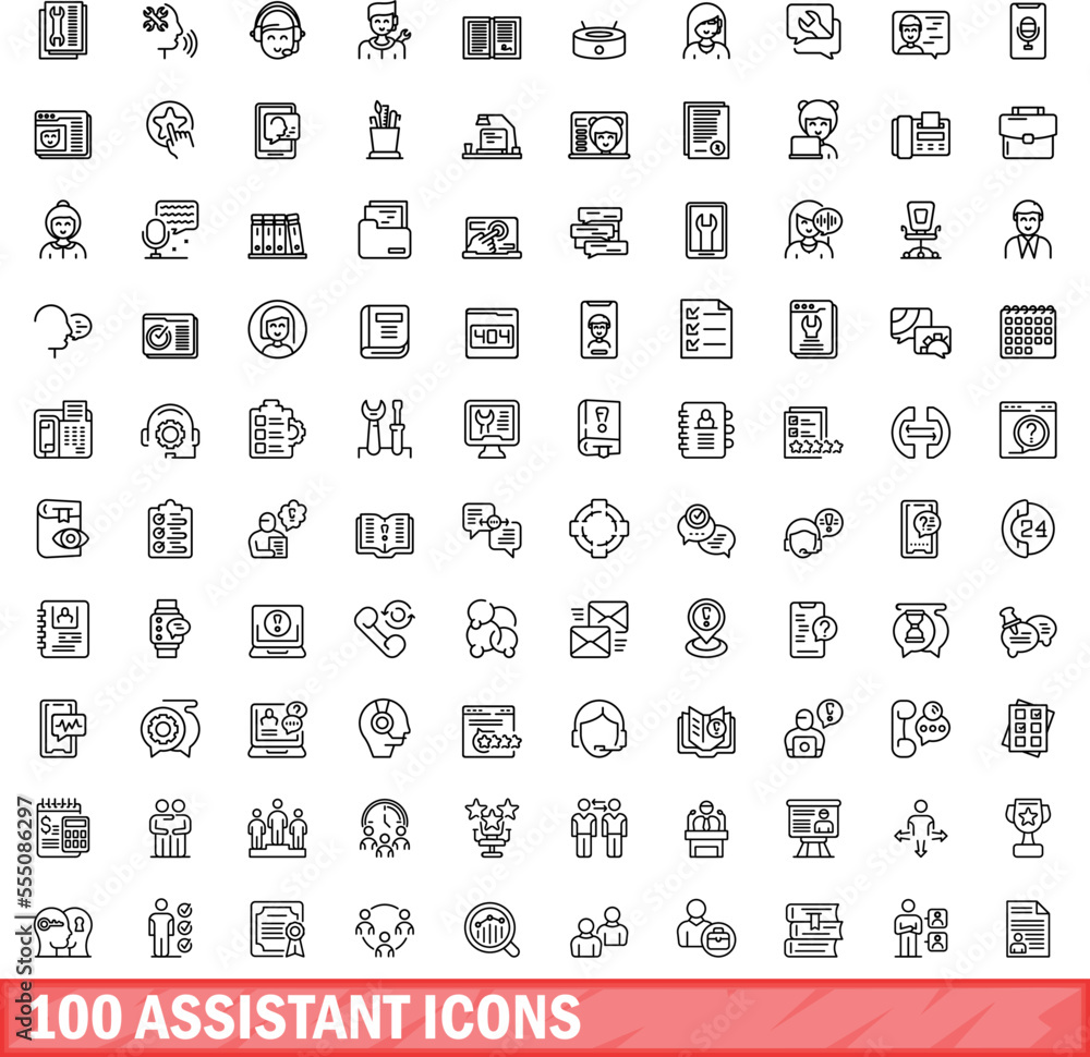 Poster 100 assistant icons set. outline illustration of 100 assistant icons vector set isolated on white ba