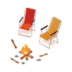 3d Go Camping Concept Elements Plasticine Cartoon Style of Folding Camp Chair Set and Campfire. Vector illustration