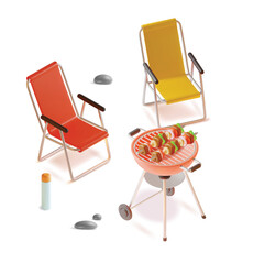 3d Barbequ Party Concept Include of Folding Camping Chair and Round Bbq Grill Plasticine Cartoon Style. Vector illustration