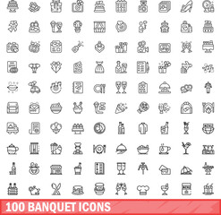 100 banquet icons set. Outline illustration of 100 banquet icons vector set isolated on white background