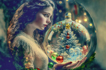 Naklejka premium Double Exposure Dopplbelichtung Frau Portrait Landschaft Weihnachtliche Stimmung Festlich AI Digital Art Illustration Generative AI