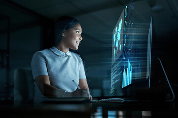 Business woman, computer or futuristic finance in night office planning, stock market trading or...