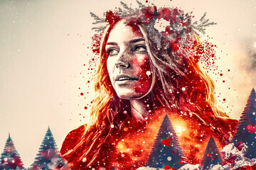 Double Exposure Dopplbelichtung Frau Portrait Landschaft Weihnachtliche Stimmung Festlich AI Digital Art Illustration Generative AI