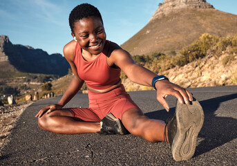 Fototapeta na wymiar Stretching legs, fitness and black woman in the street for health training, sports and running smile. Happy, warm up and African runner in the road for start of workout and morning cardio