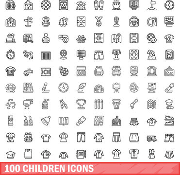 100 children icons set. Outline illustration of 100 children icons vector set isolated on white background