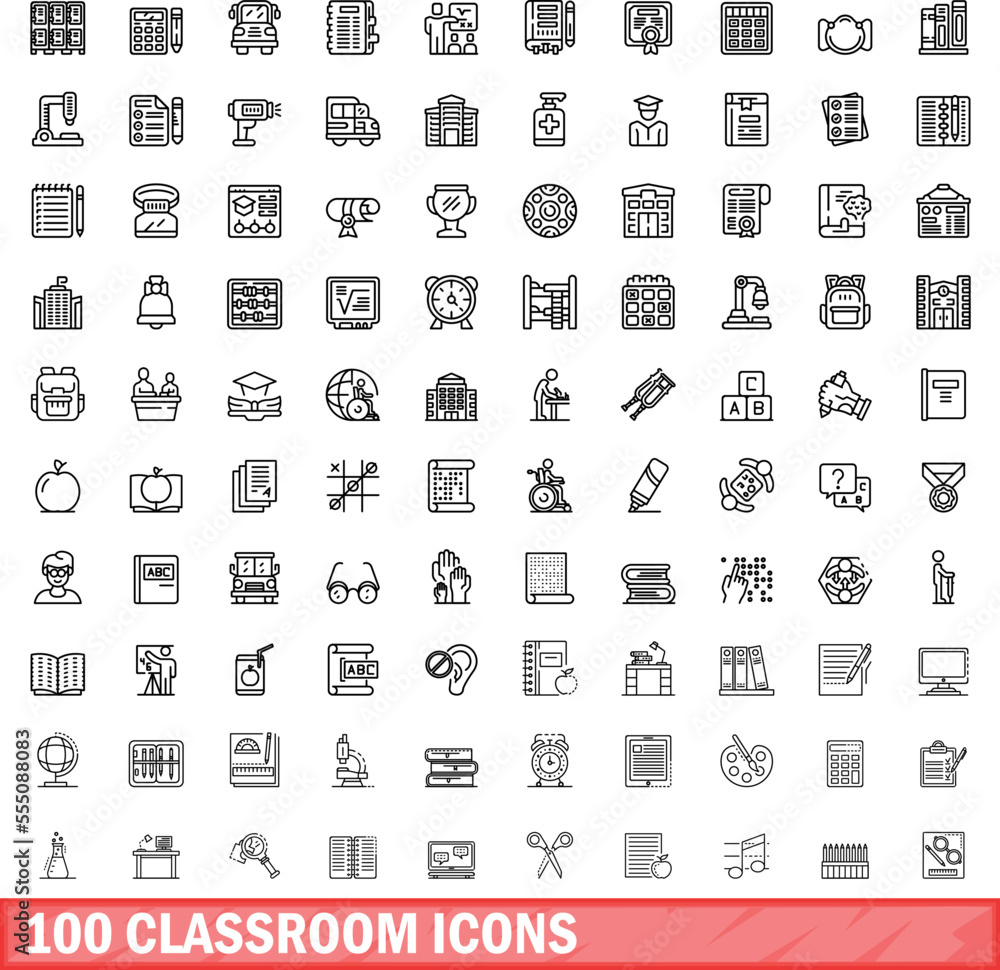 Sticker 100 classroom icons set. outline illustration of 100 classroom icons vector set isolated on white ba - Stickers