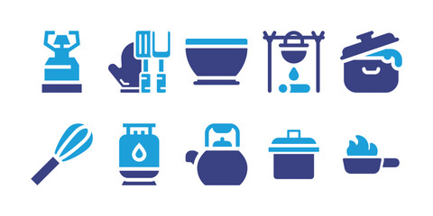 Cooking icon set. Vector illustration. Containing camping gas, tools, bowl, cooking, whisk, gas bottle, kettle, pot