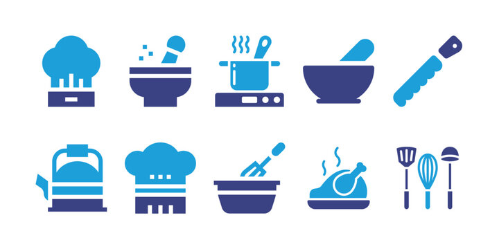 Cooking icon set. Vector illustration. Containing chef hat, mortar, cooking, kitchen pack, knife, kettle, chicken, spatula